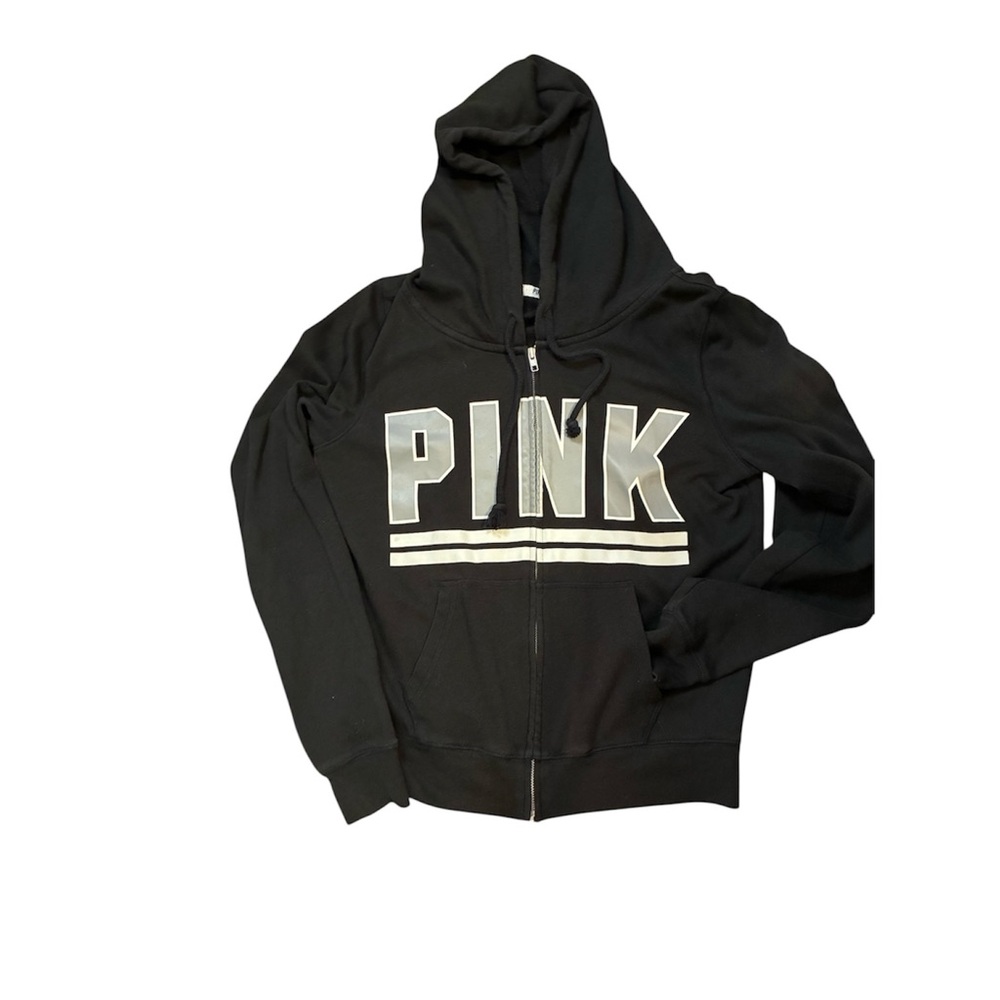 Victoria’s Secret PINK Full Zip Hoodie Black Gray Logo Size M Y2K Style Layering